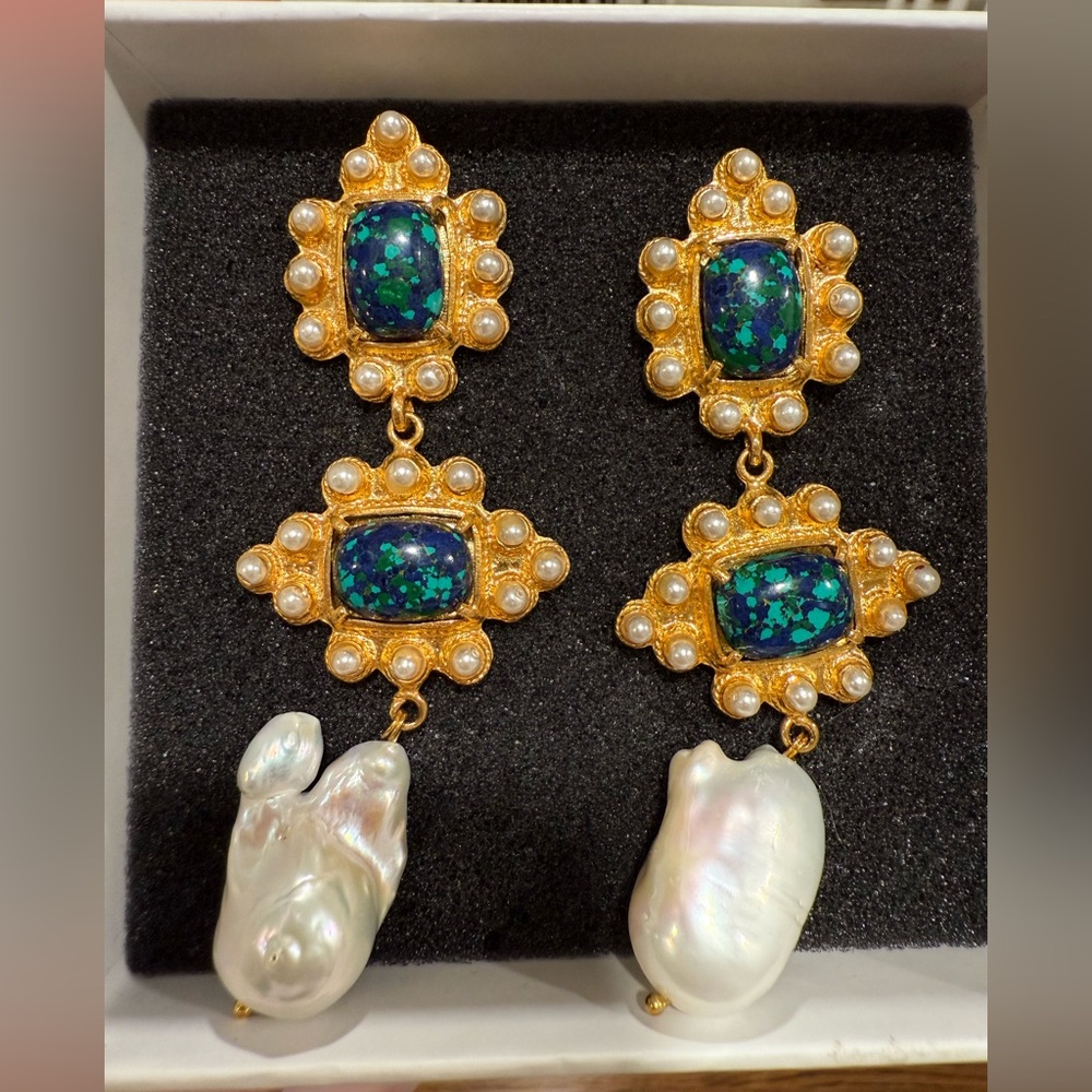 Gold and Blue Drop Earrings with Ornate Design